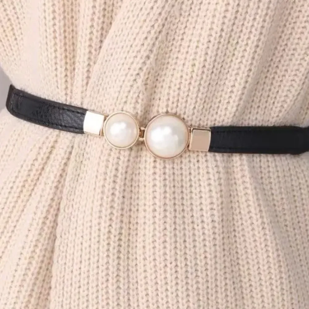 Elegant Black and Gold Stretch Belt with Pearl Accents
